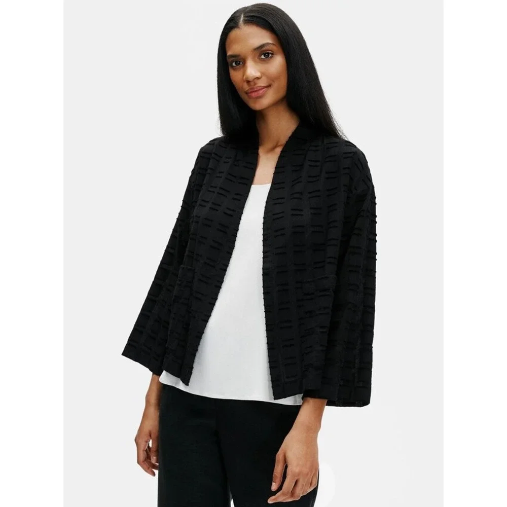 EILEEN FISHER Black Organic Cotton Textured Kimono Jacket 3/4‎ Sleeve Open Front